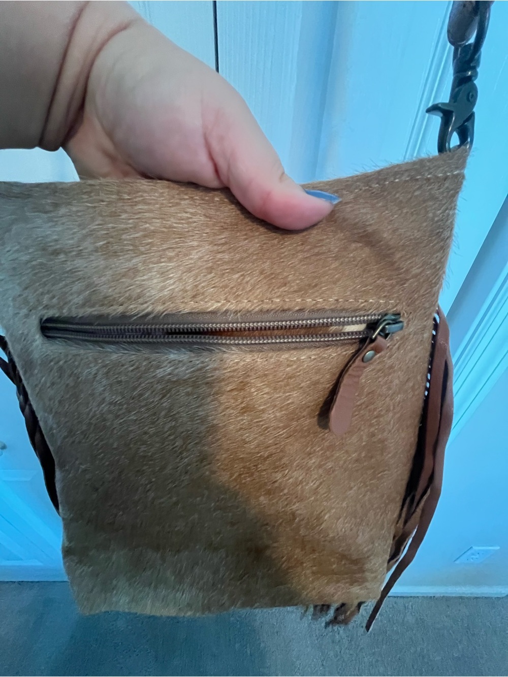 Myra Bag Brown Hair-on-Hide Crossbody with Tooled Leather Panel and Fringe - Picture 10 of 12